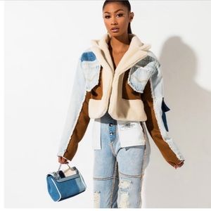 Denim faux Shearling Crop Jacket.